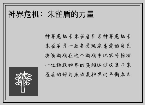 神界危机:朱雀盾的力量